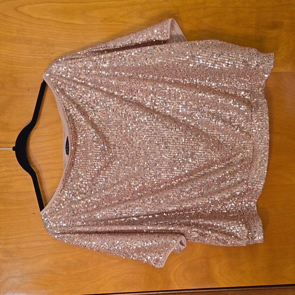 Rose gold sequin dolman sleeve off the shoulder top